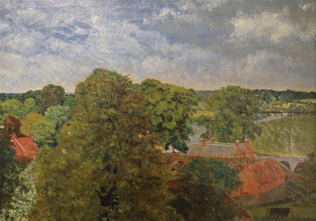 English School c.1900, oil on canvas, Landscape with trees and viaduct, 25 x 35cm